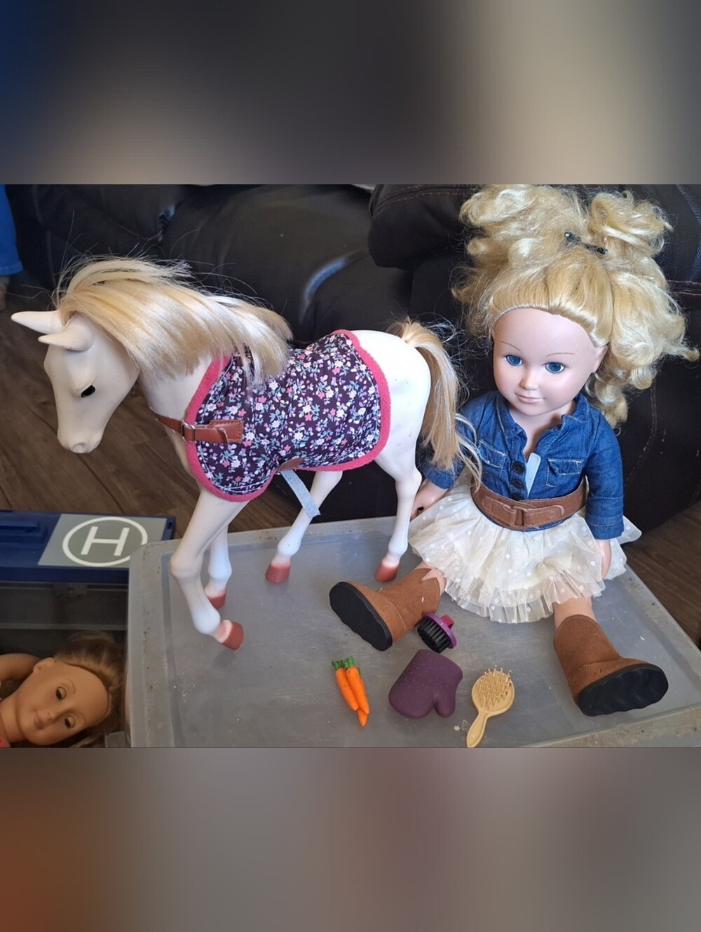 White Toy Horse with Purple Floral Blanket and Pink Trim - Doll Accessory